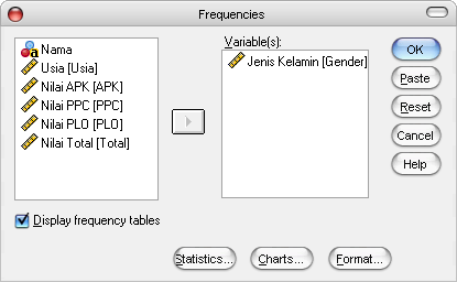 Dialog Box Frequencies Dialog box SPSS Frequencies yang menampilkan variabel Gender dipilih untuk analisis Frequencies.