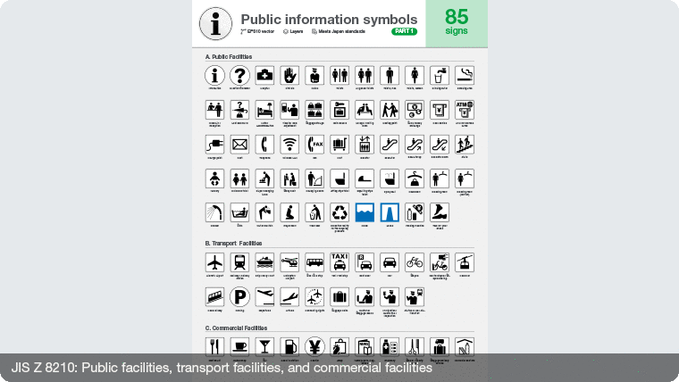 JIS Z 8210 pictograms for public information symbols: public facilities, transport facilities, commercial facilities, tourism, culture, sport facilities, safety, prohibition, warning, mandatory, accessibility